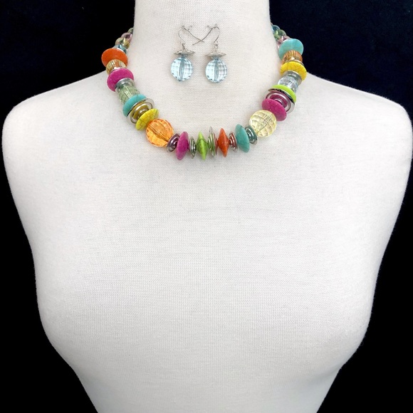 🔴 CLEARANCE Multicolor Chunky Bead Funky Necklace Earrings Set - Picture 2 of 4